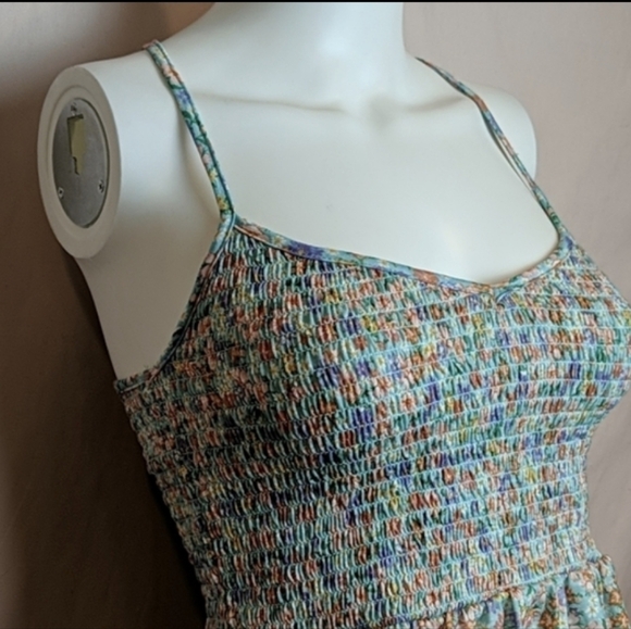 Almost Famous Smocked Blue Green and Orange Floral Print Top Size Medium - Picture 2 of 11